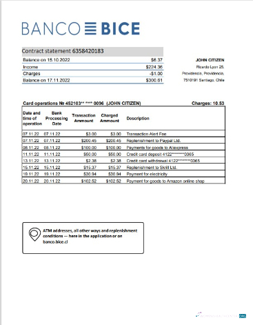 Download Chile Banco Bice bank statement excel version 2 Photoshop template